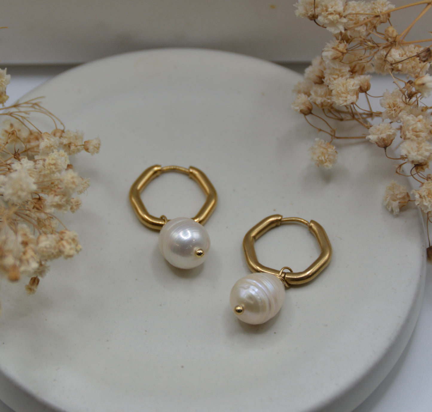 Hexagon Pearl Huggie Hoops